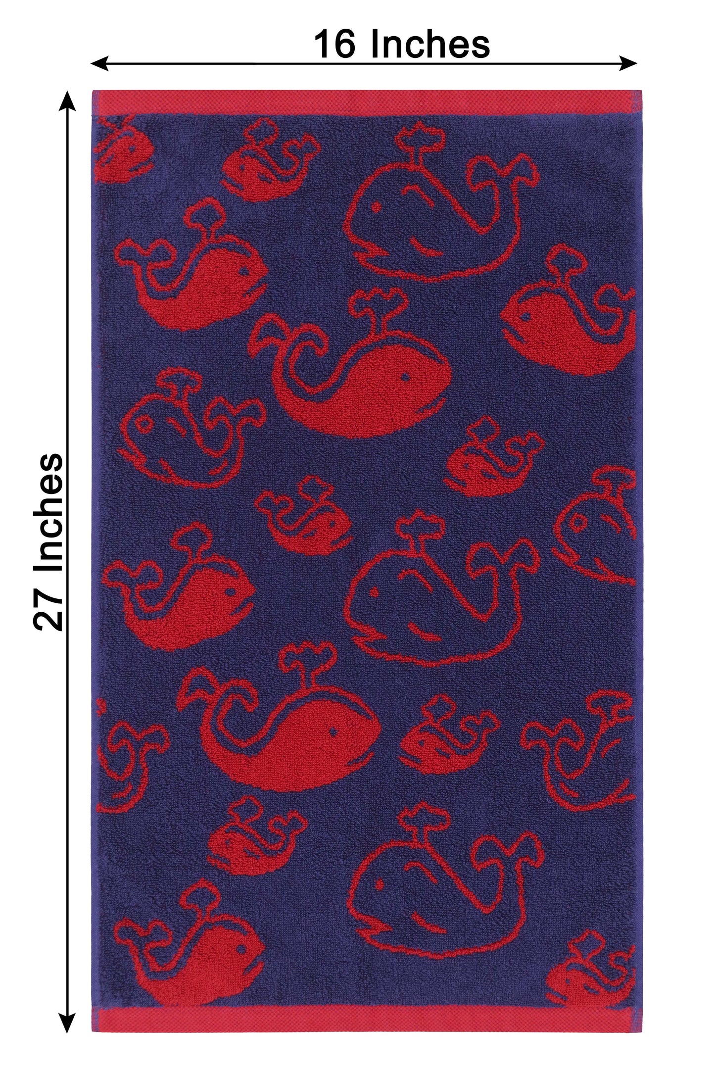 Kids Hand Towel 16 X 27 inches Whale design- Blue/Red- 100% Terry Cotton- 630 GSM Kids Hand Towel- Soft, Absorbent, Decorative, Playful for Bathroom or Daily Use