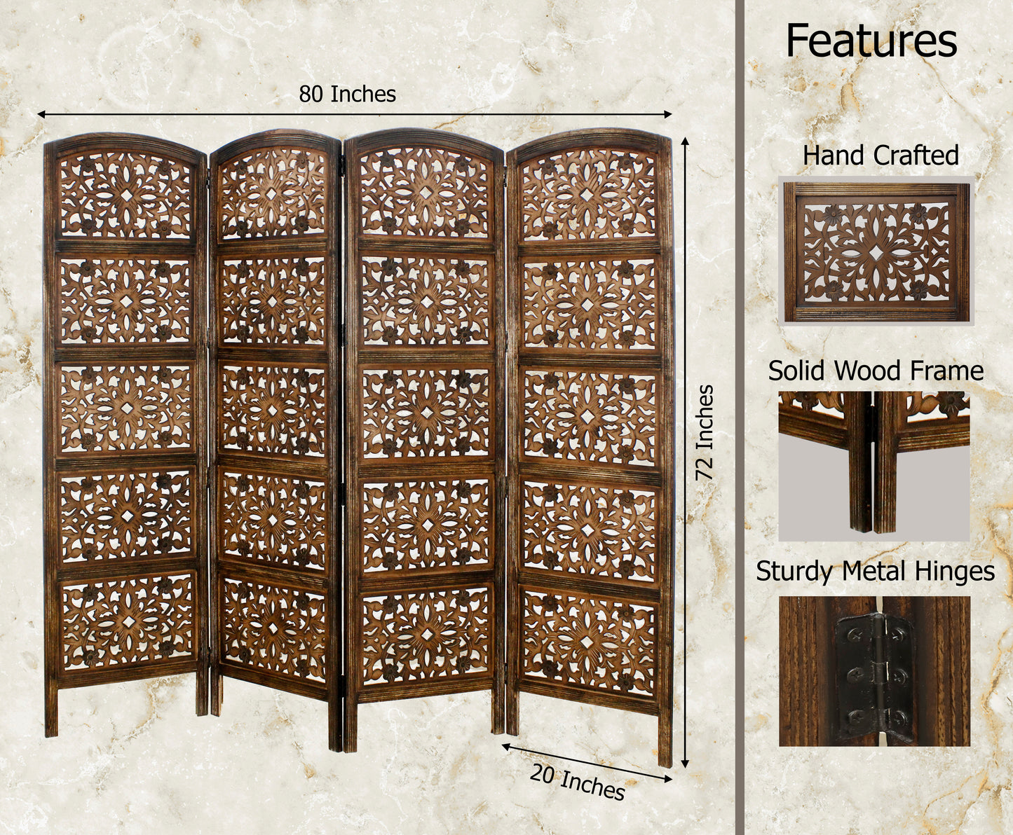 Rajasthan Antique Brown Handcrafted Wood Folding Room Divider Screen – 4 Panel Decorative Privacy Screen -80 x 72 Inches-Fully Assembled