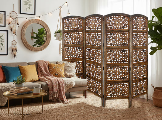 Rajasthan Antique Brown Handcrafted Wood Folding Room Divider Screen – 4 Panel Decorative Privacy Screen -80 x 72 Inches-Fully Assembled