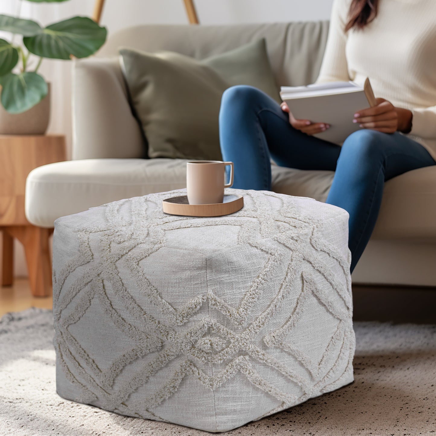 Hand Tufted Pouf Ottoman Seat - Pre-Filled Comfort, Classic Contemporary Home Office Accent Furniture, 16" x 16" Square - Ivory