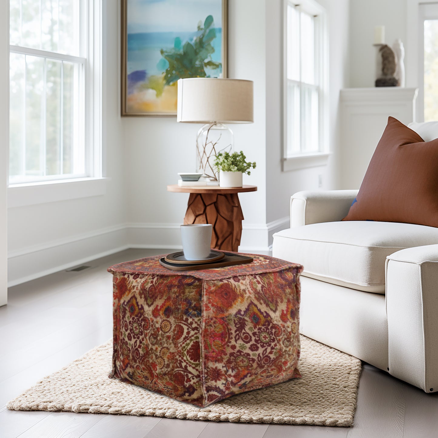 Printed Pouf Ottoman Seat - Pre-Filled Comfort, Boho Modern Home Office Accent Furniture, 17" x 17" Square - Coral Multi