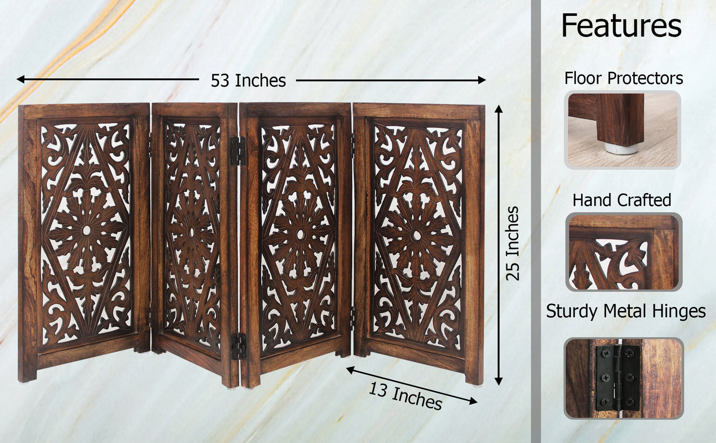 Foldable Wooden Pet Gate – 4-Panel 52" x 25" – Free-Standing Indoor Barrier, Portable Doorway Stairs Safety Partition, Fully Assembled – Antique Brown