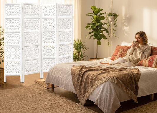 Hand-Carved Wood Room Divider – 4 Panel Folding Screen, 80” x 72” – Freestanding Reversible Privacy Partition, Fully Assembled - White