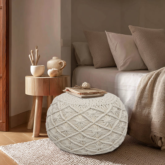 Macrame Braided Pouf Ottoman 20" x 14" Hand knitted Cotton Cord Round Dori Pouf, Prefilled Footrest Bean Bag, Boho Moroccan Accent Seating for Living Room, Bedroom & Dorms