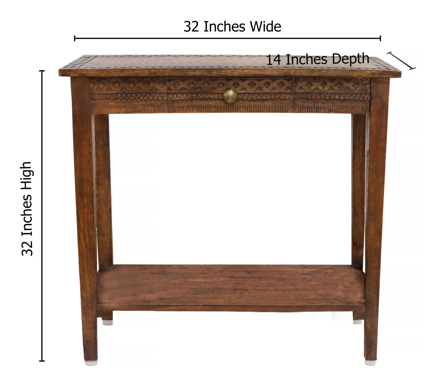 Hand-Carved Wood Accent Table with Single Drawer & Lower Shelf, 32” x 14” x 32” – Hallway, Entryway, or Sofa Table – Antique Brown – Easy Assembly Required