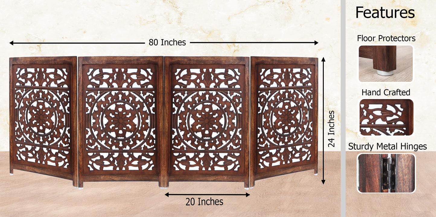 Hand-Carved Botanical Design Wooden Foldable 4 Panels Pet Gate 80" x 24"– Freestanding, Portable, Fully Assembled – Antique Brown