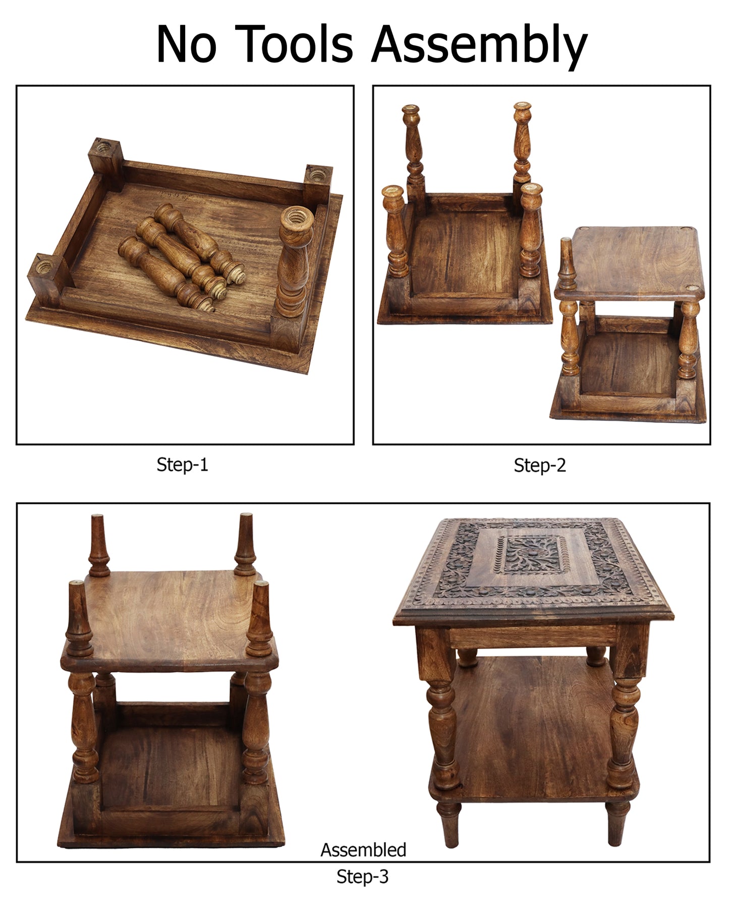 Hand Carved Vintage Wooden Accent Table with Bottom Shelf - 21” x 16” x 18” – Hallway, Entryway, or Sofa Table – Antique Brown – Easy Assembly Required