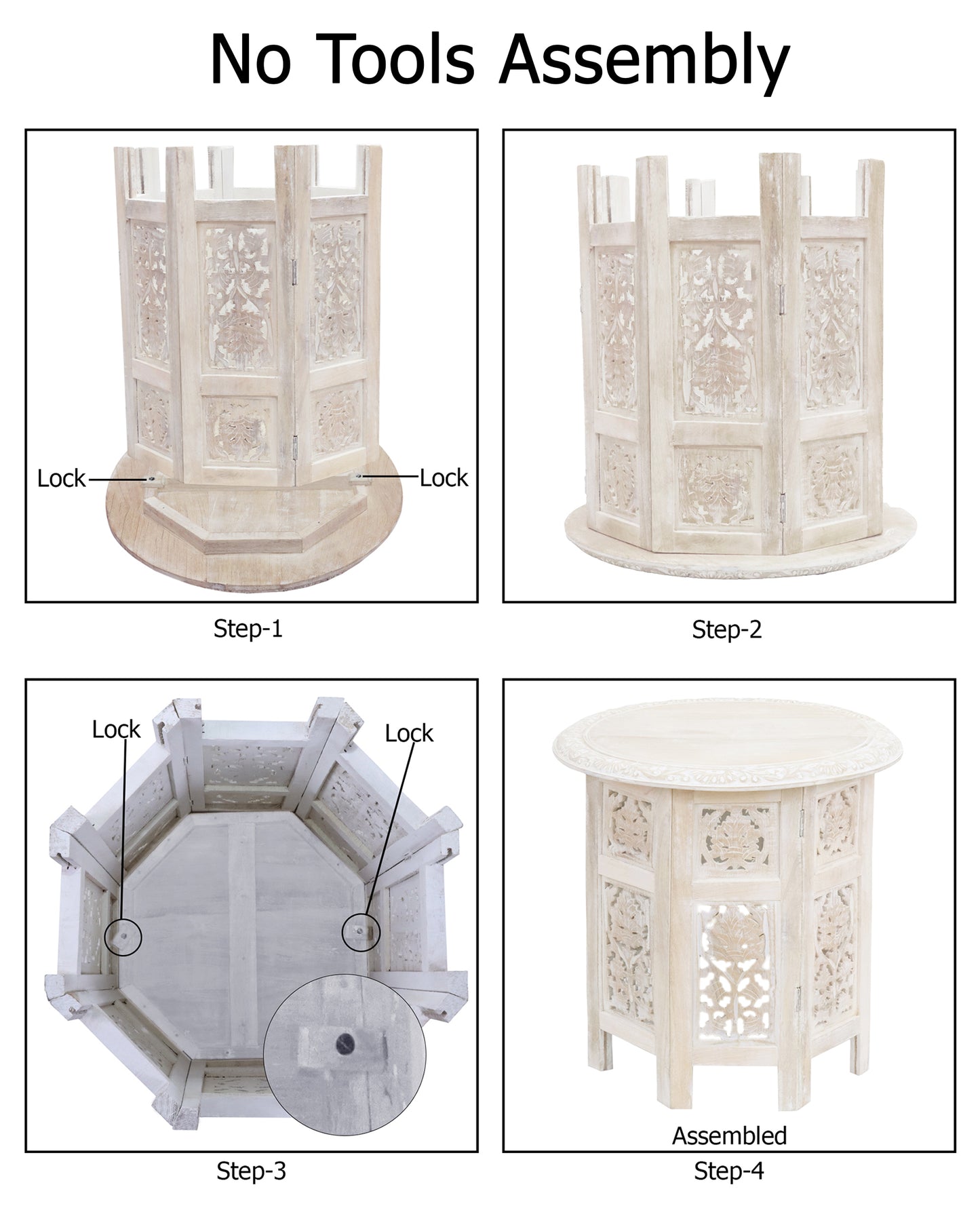 Hand-Carved Round Wood Accent Table with Ornate Leaf Panel Design – 18 x 18 Inches – Distressed White Finish – No Tools Required, Easy Assembly