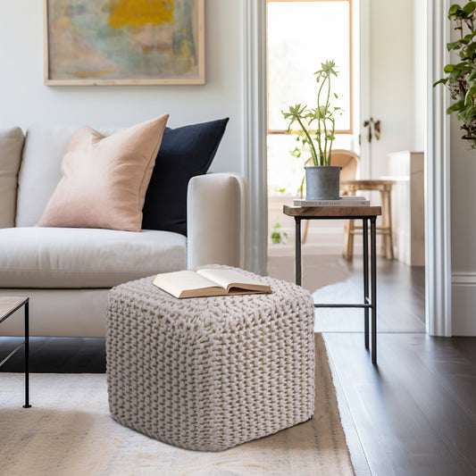 Hand Knitted Cotton Cord Cable Dori Pouf Braided Ottoman 15" x 15" Floor Pouf, Footrest Accent Seat for Living Room, Bedroom & Dorm Décor
