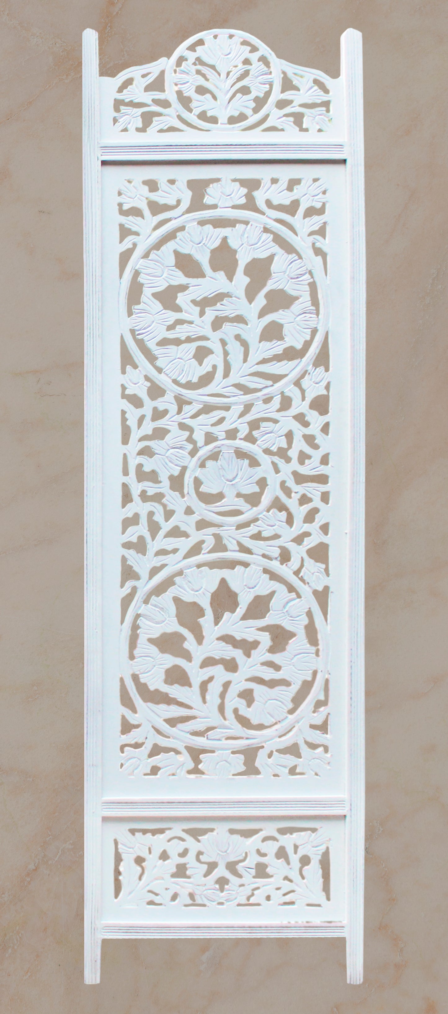 Hand-Carved Wood Flower Design Room Divider – 4-Panel Folding Screen, 80" x 72", Freestanding & Reversible Privacy Partition, Fully Assembled – Antique White
