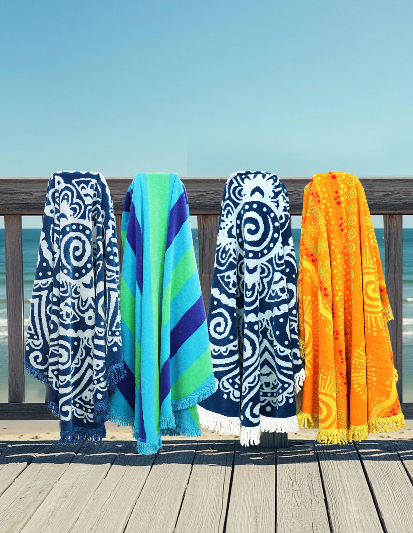 Round Beach Towel Blanket -100% Cotton 60 Inch Plush soft Jacquard Boho Mandala Circular Velour Beach Blanket Throw with Blue Fringe - Blue