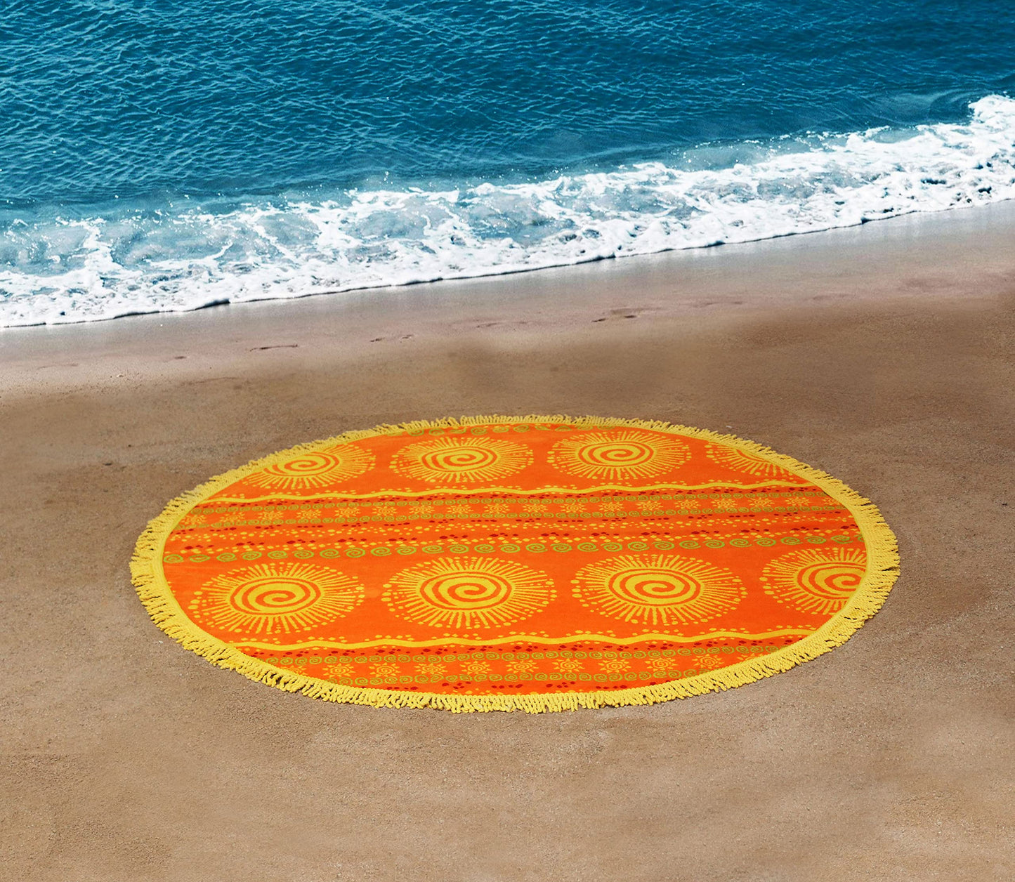 Round Beach Towel Blanket -100% Cotton 60 Inch Plush soft Jacquard Sunshine Orange Circular Velour Beach Blanket Throw with Fringe - Brightshine Orange/ Yellow