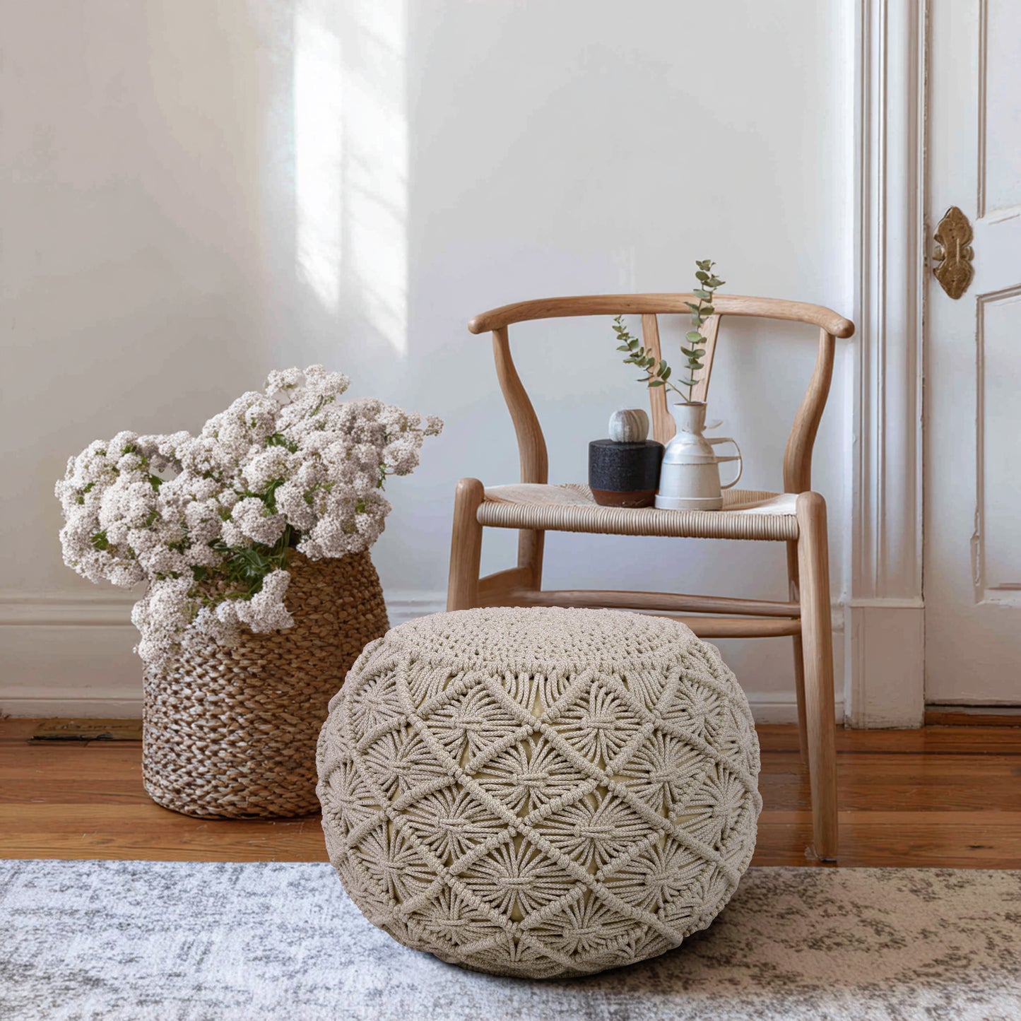 Macrame Braided Pouf Ottoman 20" x 14" Hand knitted Cotton Cord Round Dori Pouf, Prefilled Footrest Bean Bag, Boho Moroccan Accent Seating for Living Room, Bedroom & Dorms