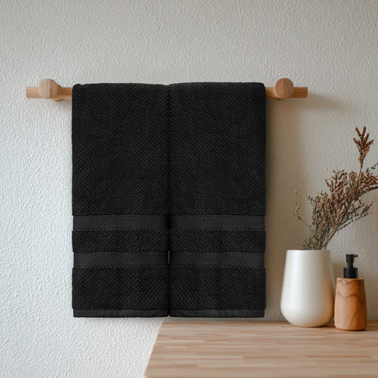 Luxury Rice Weave 4 piece Hand Towel Set – 16 x 26 inches 100% Pure Cotton – Textured Premium Soft Absorbent - 600 GSM Spa, Hotel, Guest Towel - Black
