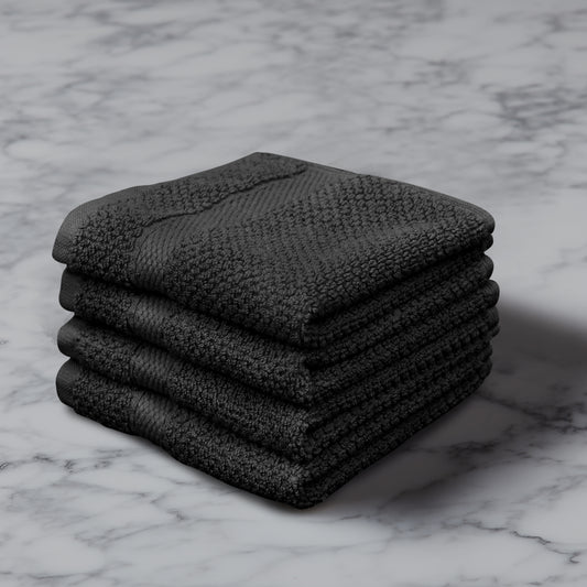 Luxury Rice Weave 4 piece Washcloth Set – 12 x 12 inches 100% Pure Cotton – Textured Premium Soft Absorbent - 600 GSM Spa, Hotel, Guest Towel - Black