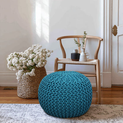 Hand Knitted Cotton Braid Pouf Ottoman Foot Stool - 20" x 14" - Accent Floor Seating for Living Room, Kids Room & Nursery