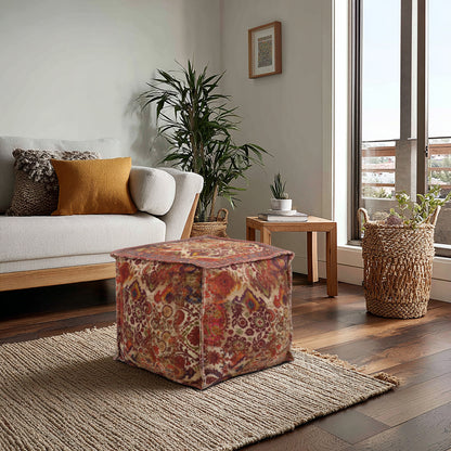 Printed Pouf Ottoman Seat - Pre-Filled Comfort, Boho Modern Home Office Accent Furniture, 17" x 17" Square - Coral Multi