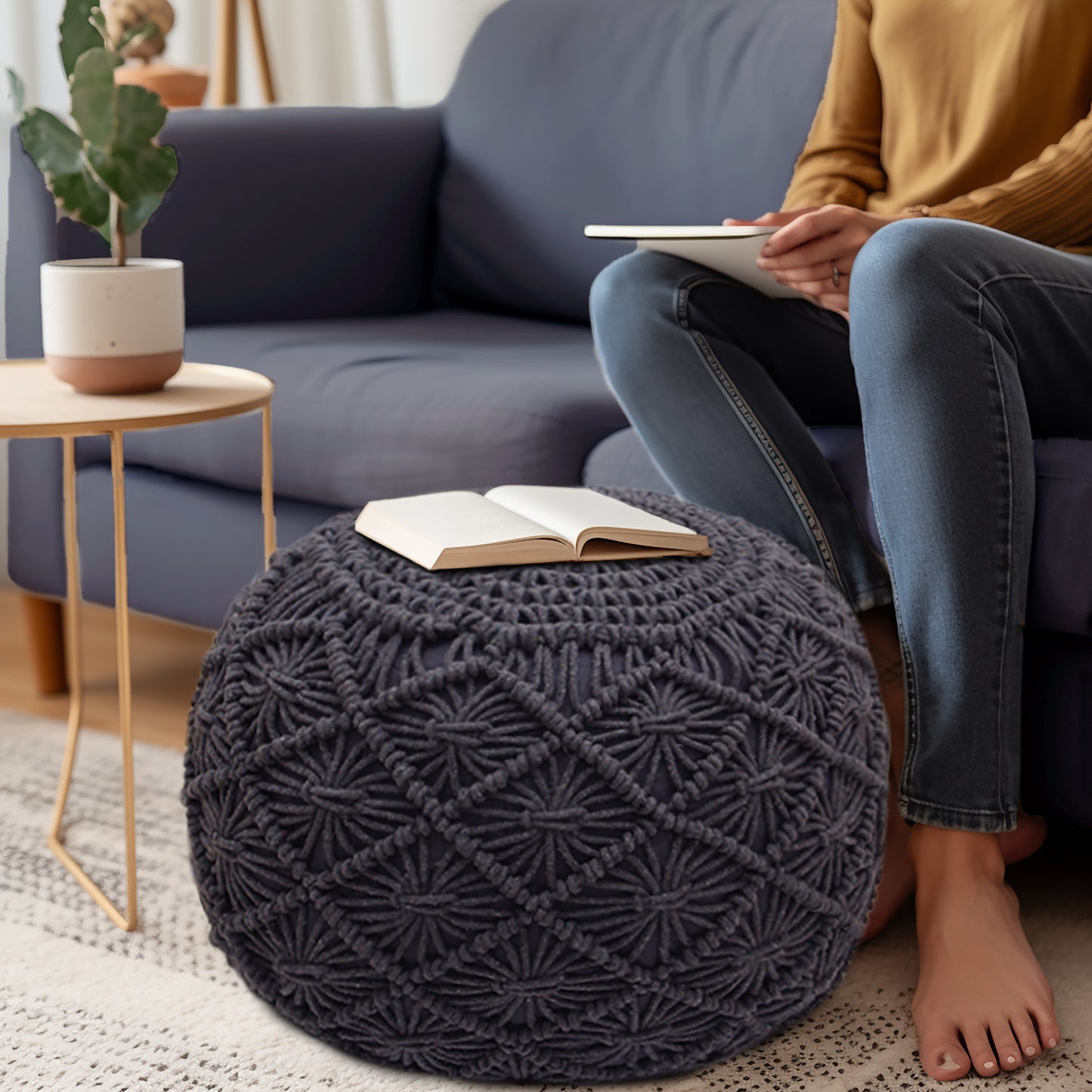 Macrame Braided Pouf Ottoman 20" x 14" Hand knitted Cotton Cord Round Dori Pouf, Prefilled Footrest Bean Bag, Boho Moroccan Accent Seating for Living Room, Bedroom & Dorms