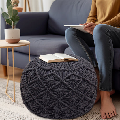 Macrame Braided Pouf Ottoman 20" x 14" Hand knitted Cotton Cord Round Dori Pouf, Prefilled Footrest Bean Bag, Boho Moroccan Accent Seating for Living Room, Bedroom & Dorms