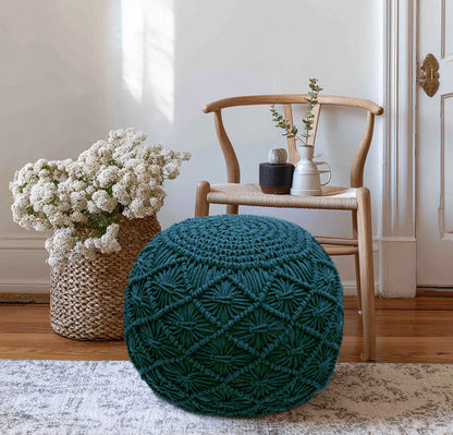 Macrame Braided Pouf Ottoman 20" x 14" Hand knitted Cotton Cord Round Dori Pouf, Prefilled Footrest Bean Bag, Boho Moroccan Accent Seating for Living Room, Bedroom & Dorms