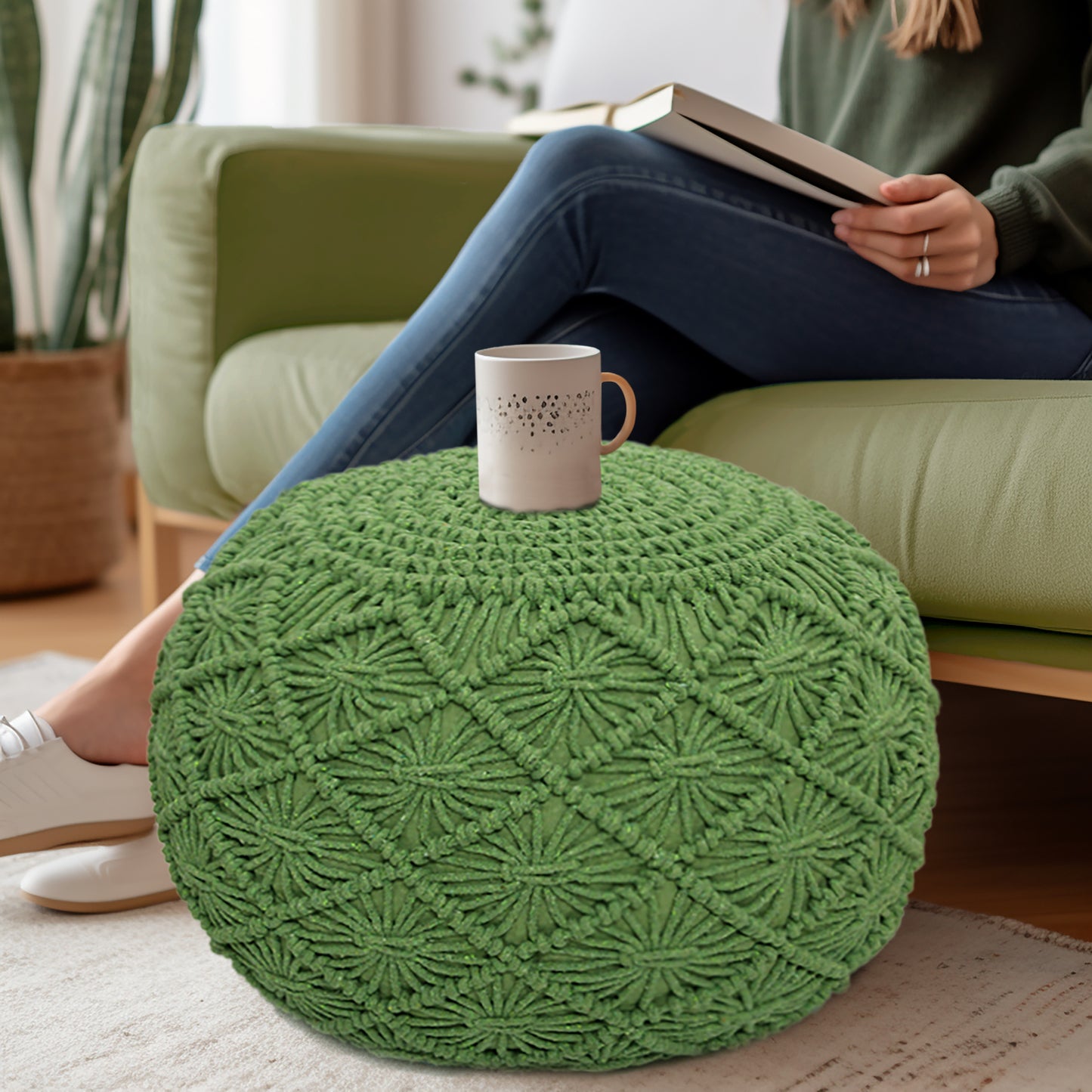 Macrame Braided Pouf Ottoman 20" x 14" Hand knitted Cotton Cord Round Dori Pouf, Prefilled Footrest Bean Bag, Boho Moroccan Accent Seating for Living Room, Bedroom & Dorms