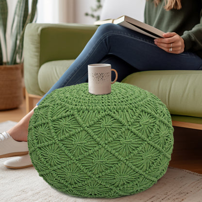 Macrame Braided Pouf Ottoman 20" x 14" Hand knitted Cotton Cord Round Dori Pouf, Prefilled Footrest Bean Bag, Boho Moroccan Accent Seating for Living Room, Bedroom & Dorms