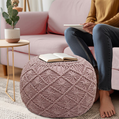 Macrame Braided Pouf Ottoman 20" x 14" Hand knitted Cotton Cord Round Dori Pouf, Prefilled Footrest Bean Bag, Boho Moroccan Accent Seating for Living Room, Bedroom & Dorms