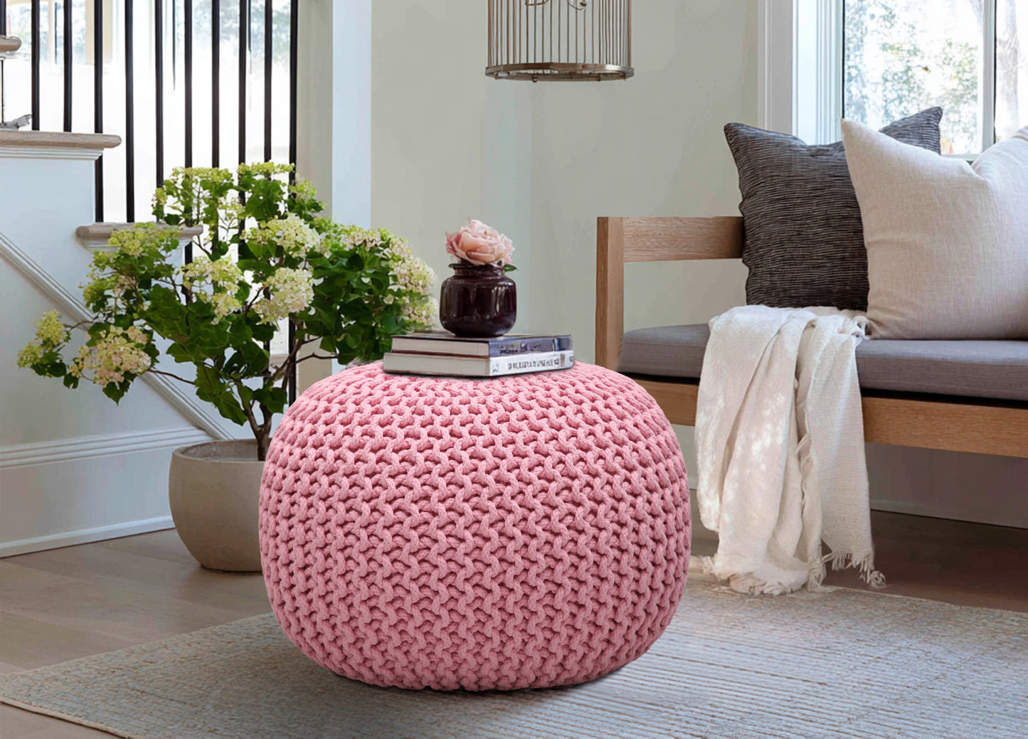 Hand Knitted Cotton Braid Pouf Ottoman Foot Stool - 20" x 14" - Accent Floor Seating for Living Room, Kids Room & Nursery