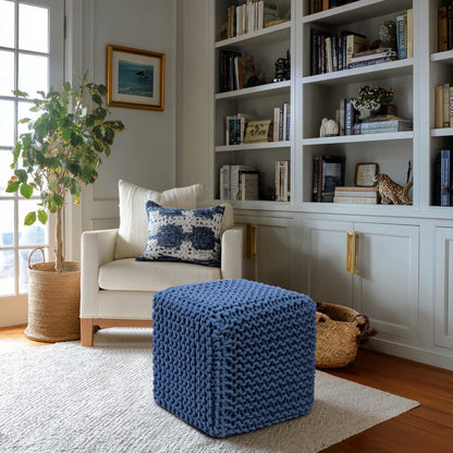 Hand Knitted Cotton Cord Cable Dori Pouf Braided Ottoman 15" x 15" Floor Pouf, Footrest Accent Seat for Living Room, Bedroom & Dorm Décor