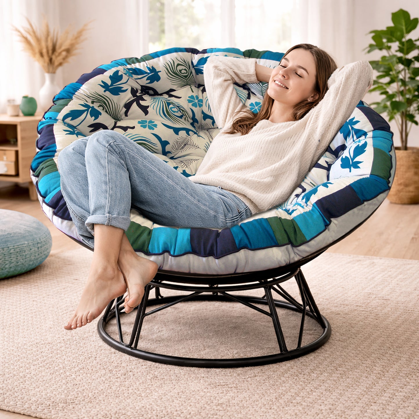 Papasan Cushion, 45” Round – 100% Cotton Duck Fabric, Plush Thick Overstuffed Cushion for Floor, Swing Chair, Patio, Den, Dorm