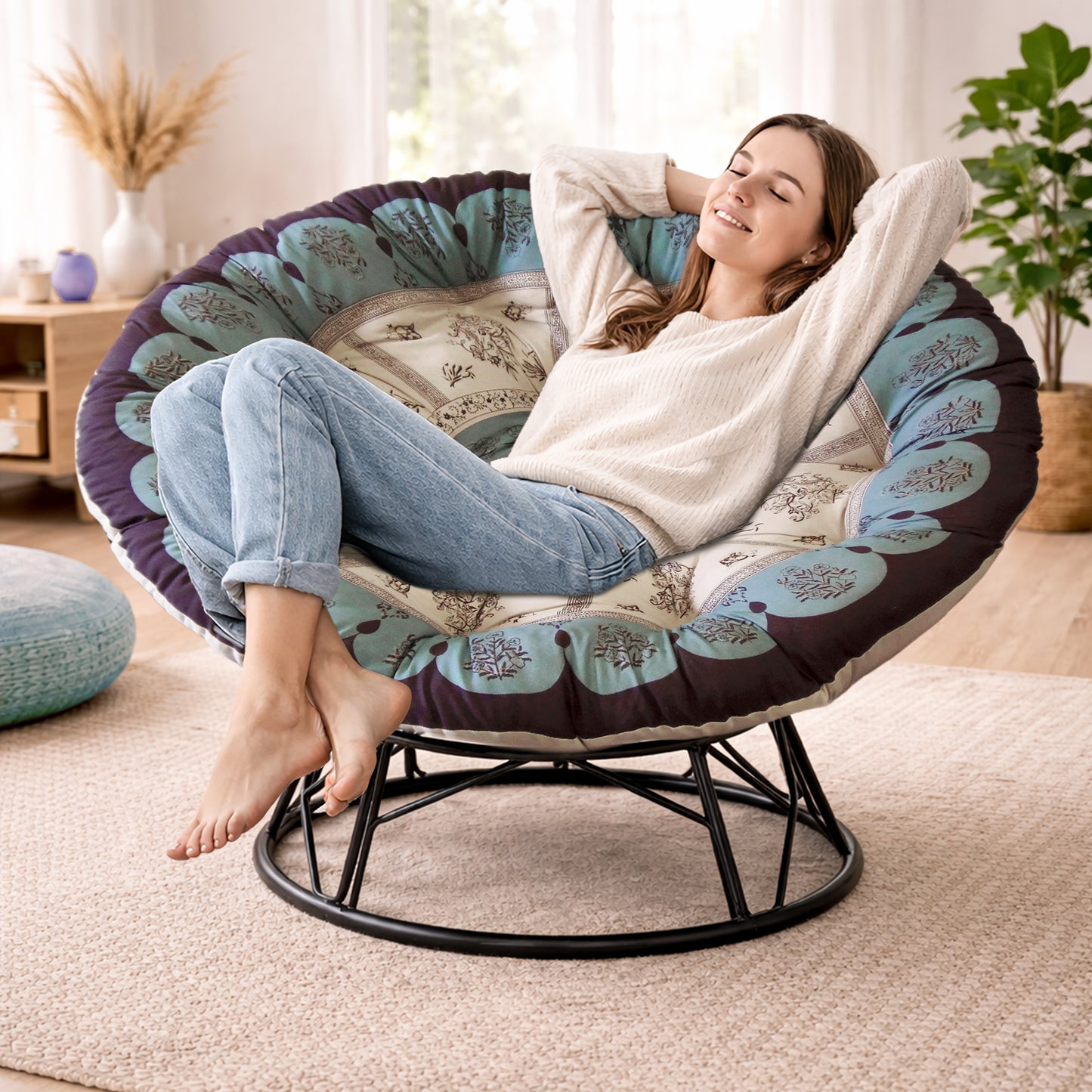 Papasan Cushion, 45” Round – 100% Cotton Duck Fabric, Plush Thick Overstuffed Cushion for Floor, Swing Chair, Patio, Den, Dorm