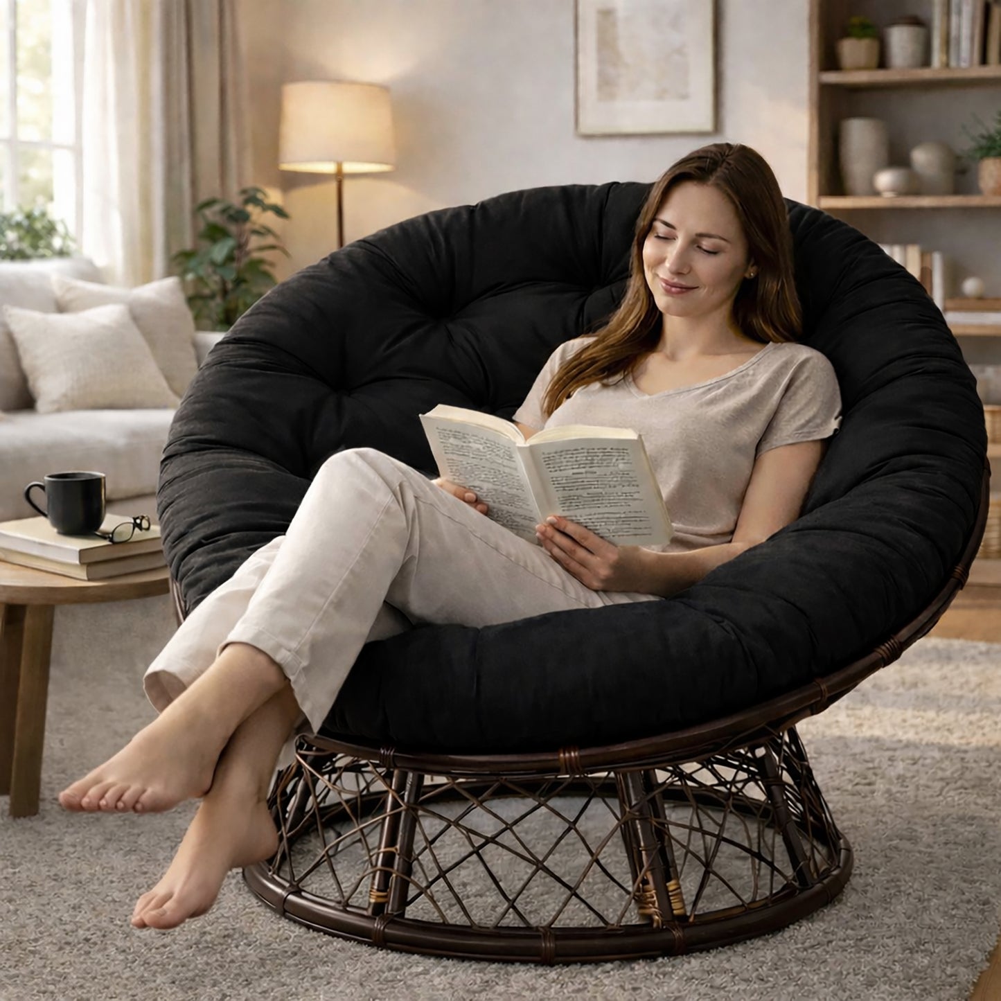 Papasan Cushion, 45” Round – 100% Cotton Duck Fabric, Plush Thick Overstuffed Cushion for Floor, Swing Chair, Patio, Den, Dorm