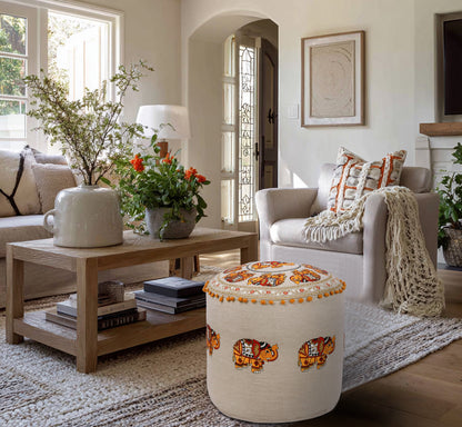 Handcrafted Cotton Elephant Embroidery Pouf 17" x 15"  Boho Accent Ottoman, Footrest, or Extra Seating - Natural Orange Multi