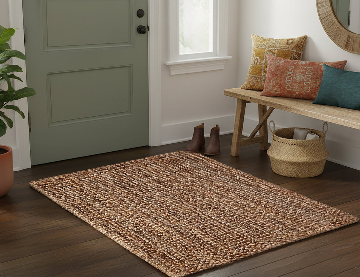 Eco-Friendly Handspun Jute – Natural Fiber, Handwoven Reversible Design Area Accent Indoor Rug – Natural Tan