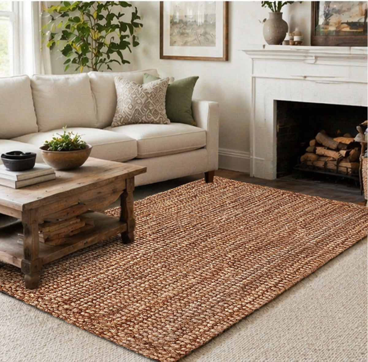 Eco-Friendly Handspun Jute – Natural Fiber, Handwoven Reversible Design Area Accent Indoor Rug – Natural Tan