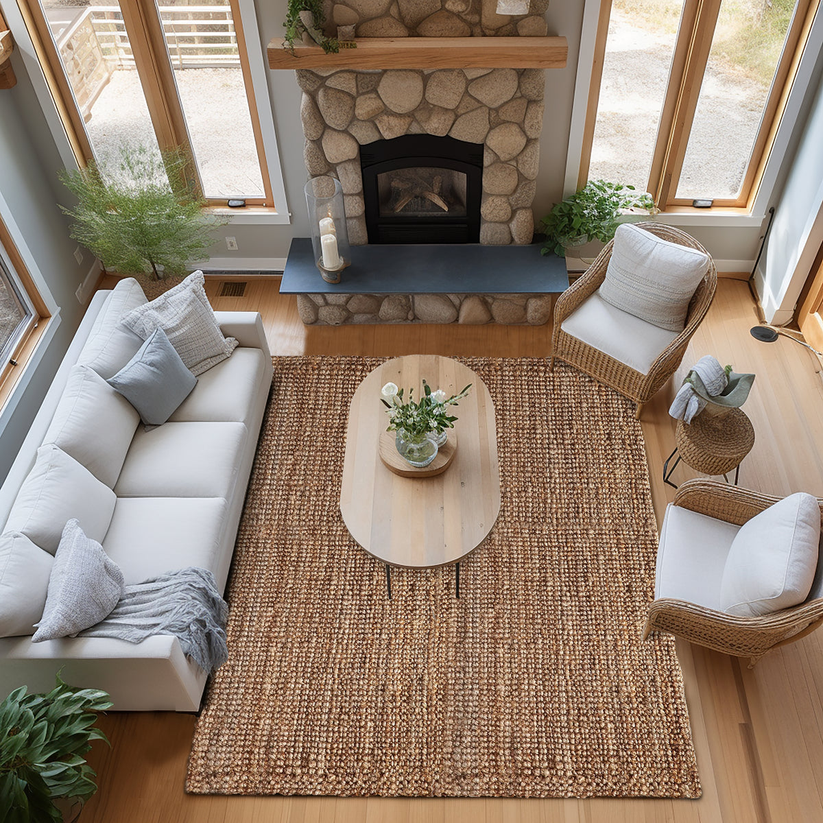 Eco-Friendly Handspun Jute – Natural Fiber, Handwoven Reversible Design Area Accent Indoor Rug – Natural Tan