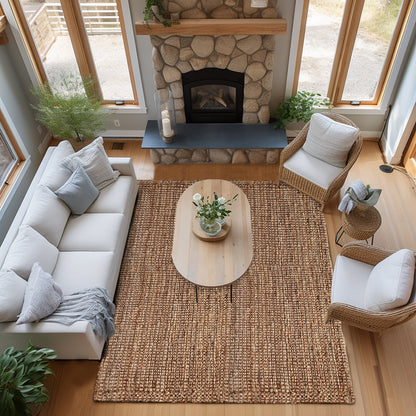 Eco-Friendly Handspun Jute – Natural Fiber, Handwoven Reversible Design Area Accent Indoor Rug – Natural Tan