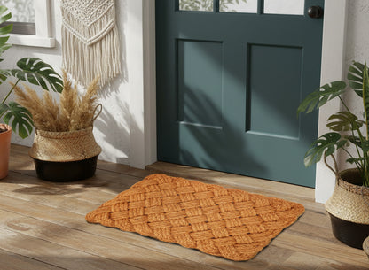 Handwoven Braided Jute Rug with Scalloped Edges – Natural Coir Fiber Decorative Door Mat 18" x 30"- Natural Tan