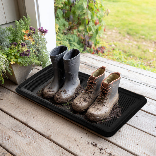 Durable Oversized Rubber Utility Tray – 16" x 32 "| All-Weather, Indoor/Outdoor, Multi-Purpose Mat – Black