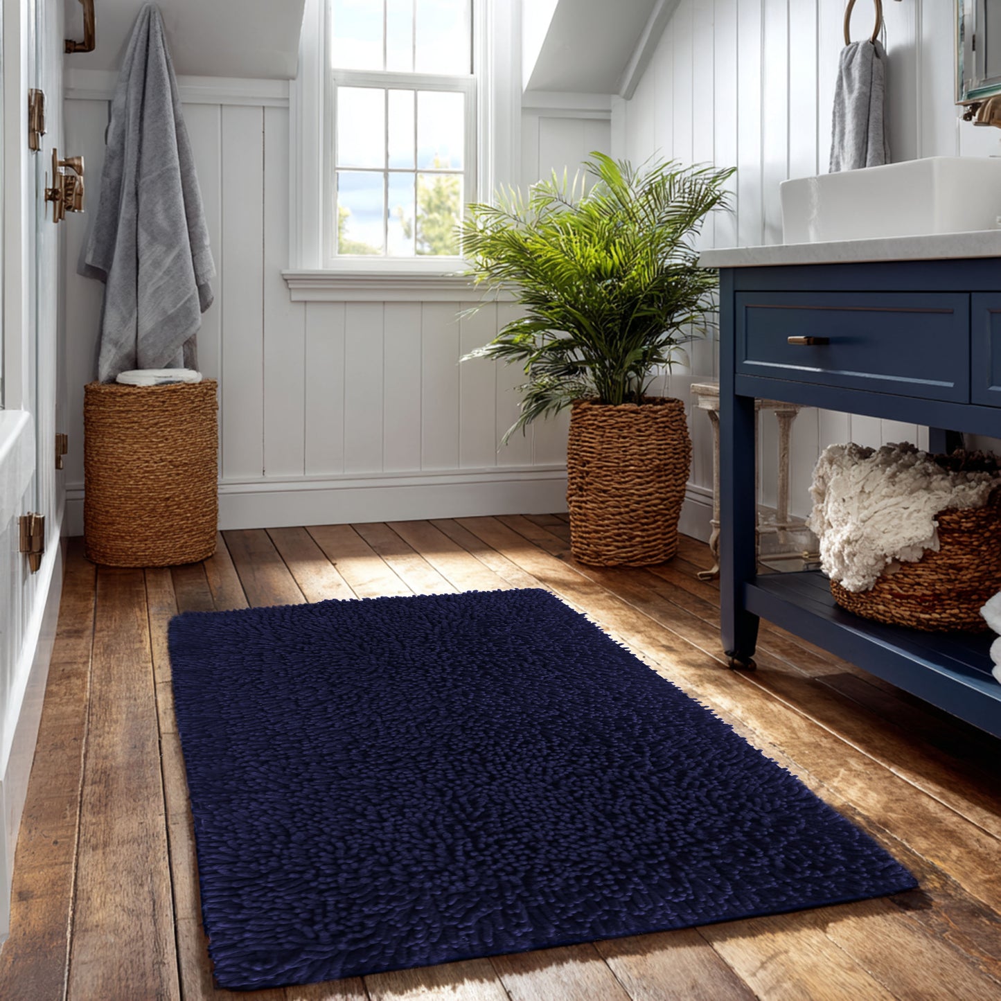 Plush Microfiber Shag Bath Rug Set (2-Piece) – Soft, Absorbent, Non-Slip Bathroom Mats, Quick-Dry, Machine Washable - 21” x 32” - Navy Blue