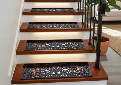 Scroll Lattice Non-Slip Stair Tread Mats – 4-Pack, Heavy-Duty Rubber, Skid-Resistant for Indoor/Outdoor Use, 10"x30"