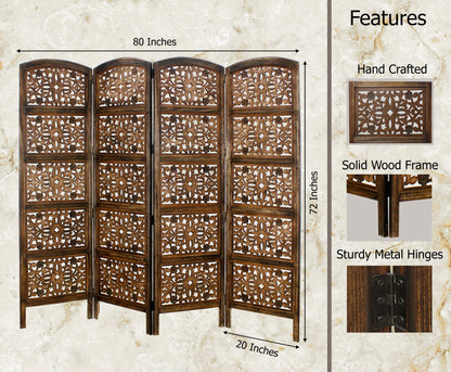 Rajasthan Antique Brown Handcrafted  Wood Folding Room Divider Screen – 4 Panel Decorative Privacy Screen -80 x 72 Inches-Fully Assembled