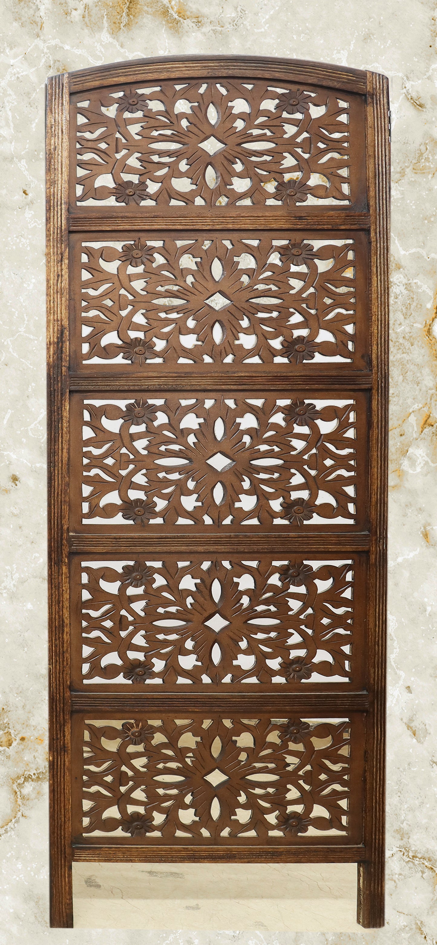 Rajasthan Antique Brown Handcrafted  Wood Folding Room Divider Screen – 4 Panel Decorative Privacy Screen -80 x 72 Inches-Fully Assembled