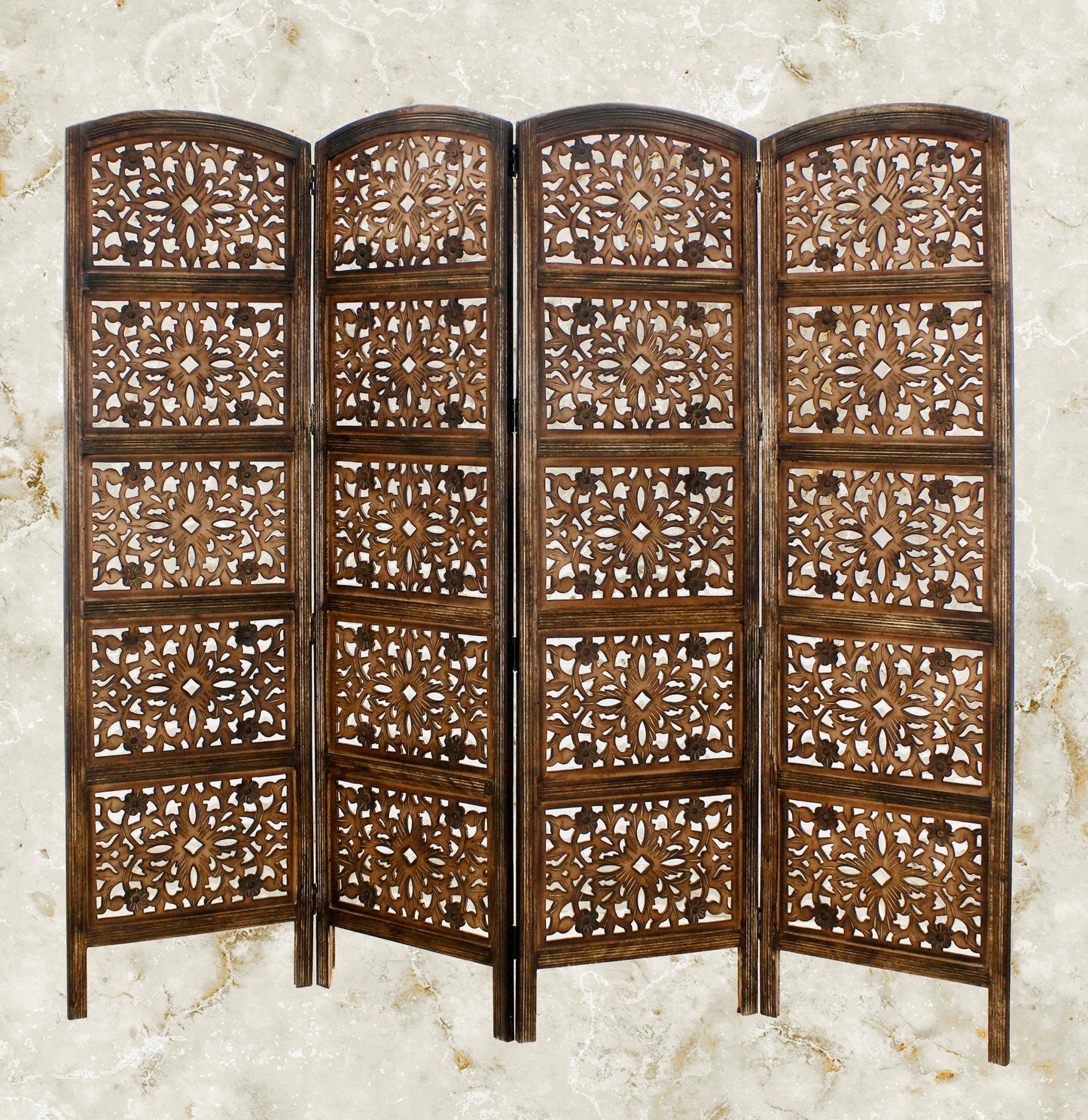 Rajasthan Antique Brown Handcrafted  Wood Folding Room Divider Screen – 4 Panel Decorative Privacy Screen -80 x 72 Inches-Fully Assembled