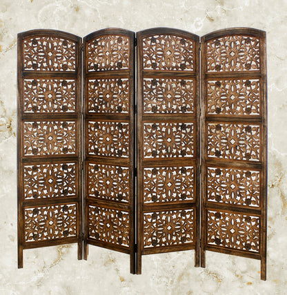Rajasthan Antique Brown Handcrafted  Wood Folding Room Divider Screen – 4 Panel Decorative Privacy Screen -80 x 72 Inches-Fully Assembled