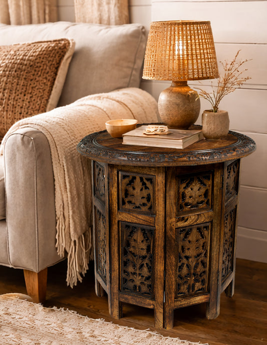 Hand-Carved Wood Round Accent Table with Ornate Leaf Panel Design- 18 x 18 inches- Antique Brown- No Tools Required, Easy Assembly