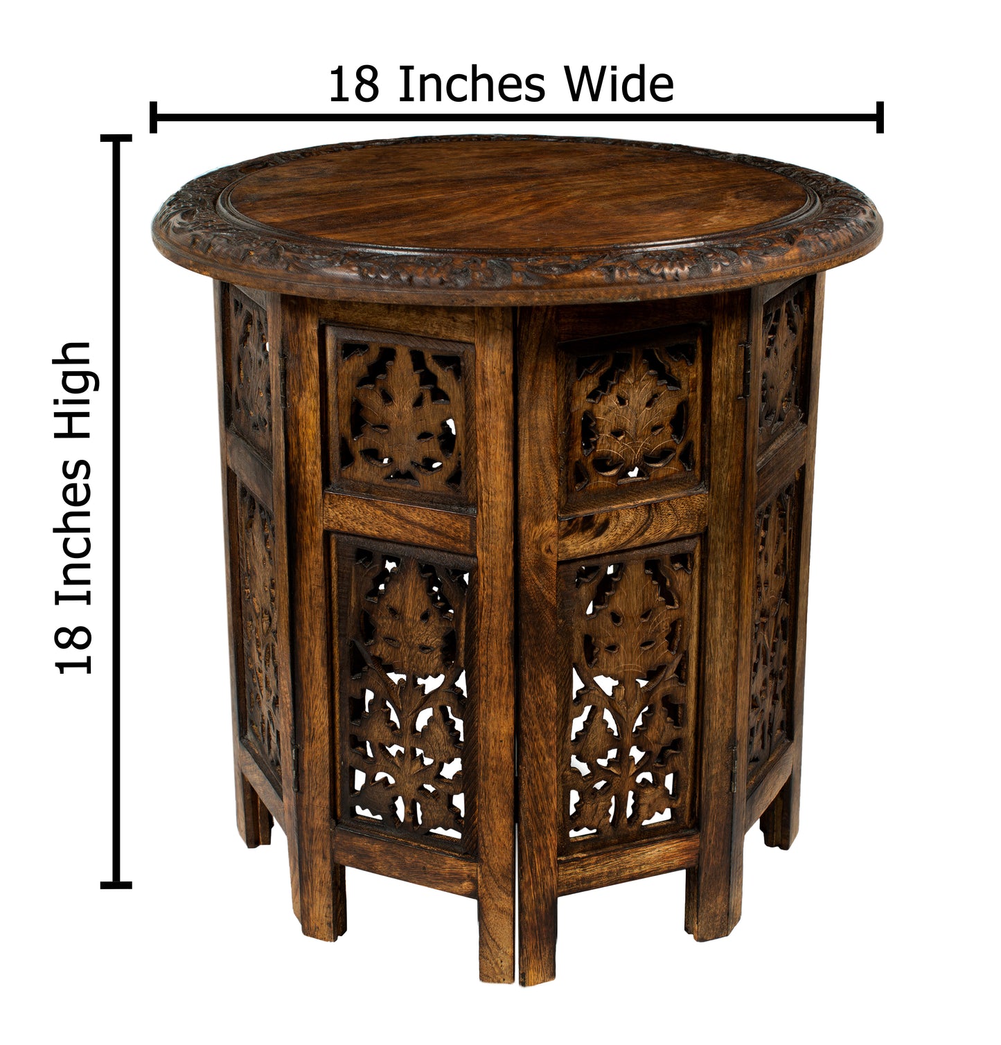 Hand-Carved Wood Round Accent Table with Ornate Leaf Panel Design- 18 x 18 inches- Antique Brown- No Tools Required, Easy Assembly