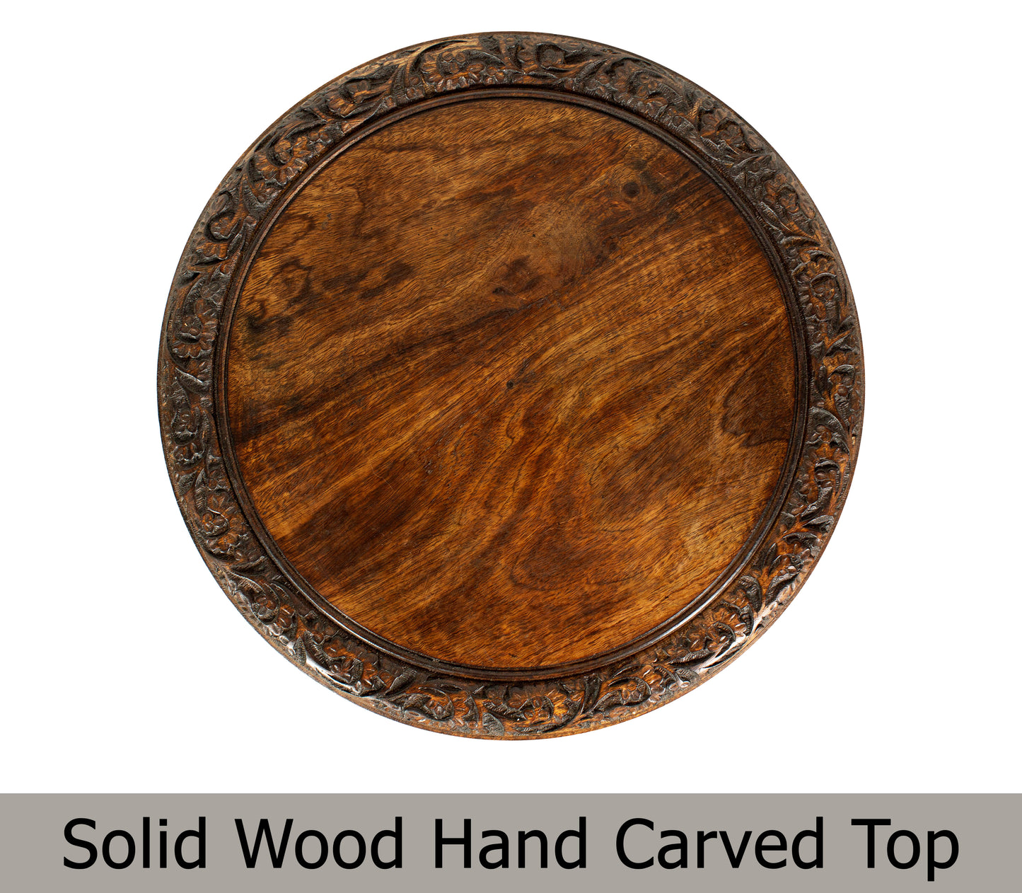 Hand-Carved Wood Round Accent Table with Ornate Leaf Panel Design- 18 x 18 inches- Antique Brown- No Tools Required, Easy Assembly