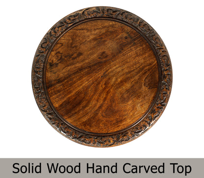 Hand-Carved Wood Round Accent Table with Ornate Leaf Panel Design- 18 x 18 inches- Antique Brown- No Tools Required, Easy Assembly