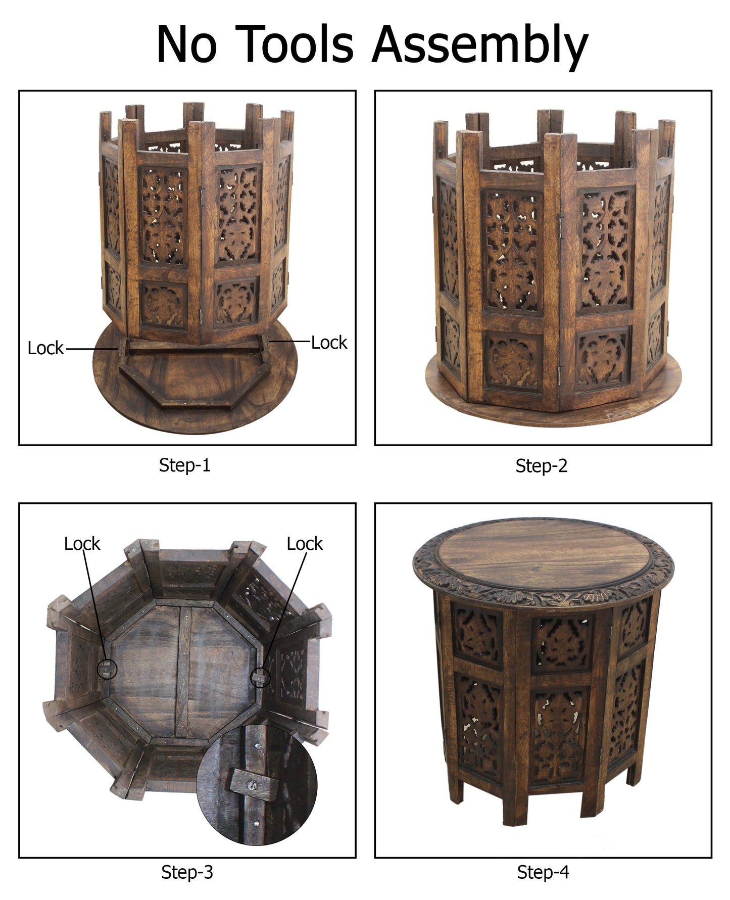 Hand-Carved Wood Round Accent Table with Ornate Leaf Panel Design- 18 x 18 inches- Antique Brown- No Tools Required, Easy Assembly
